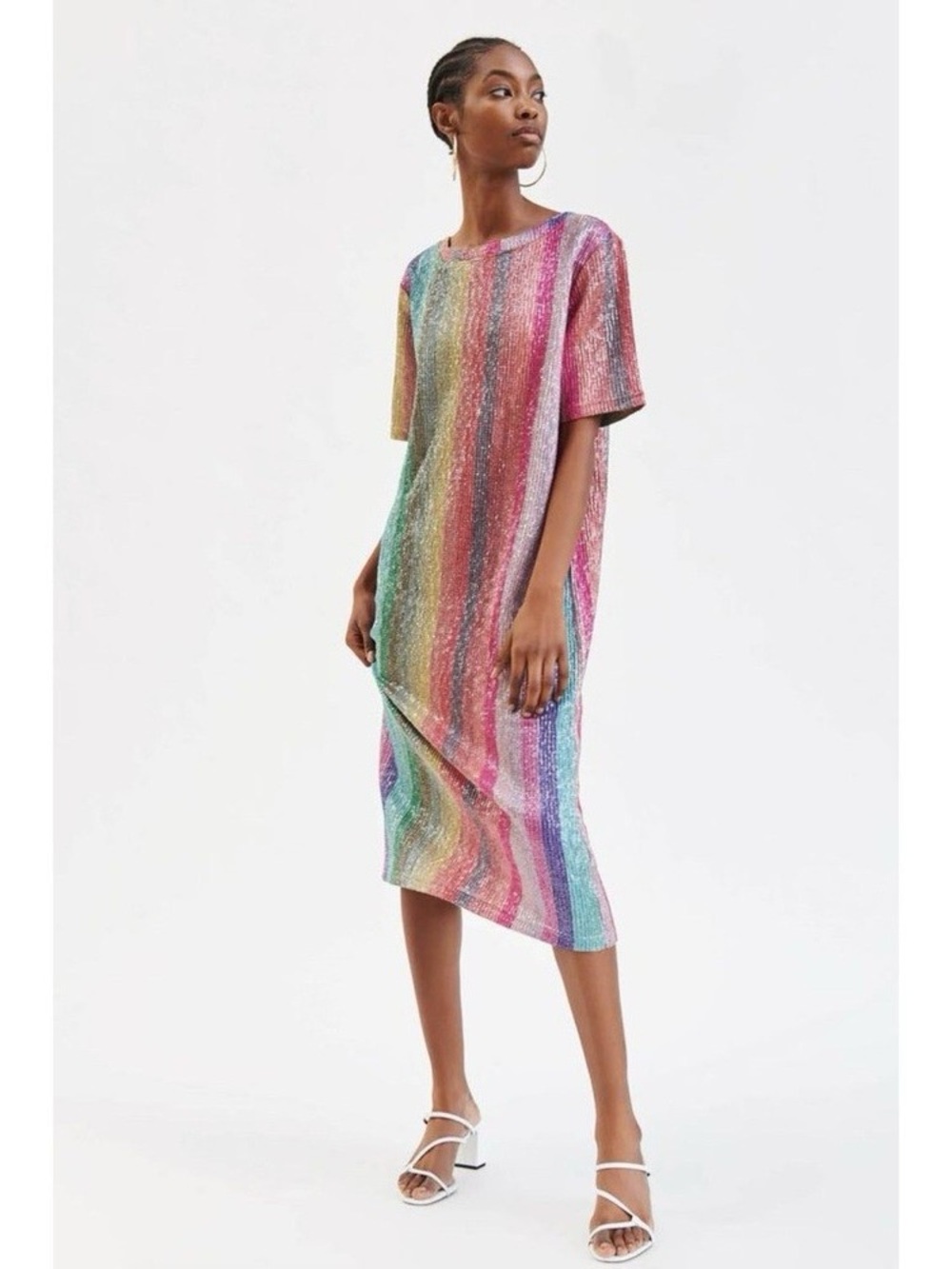 Zara Sz M Rainbow Stripe Sparkly Sequin Midi Dress Bloggers Fav Festival Disco - Picture 3 of 13